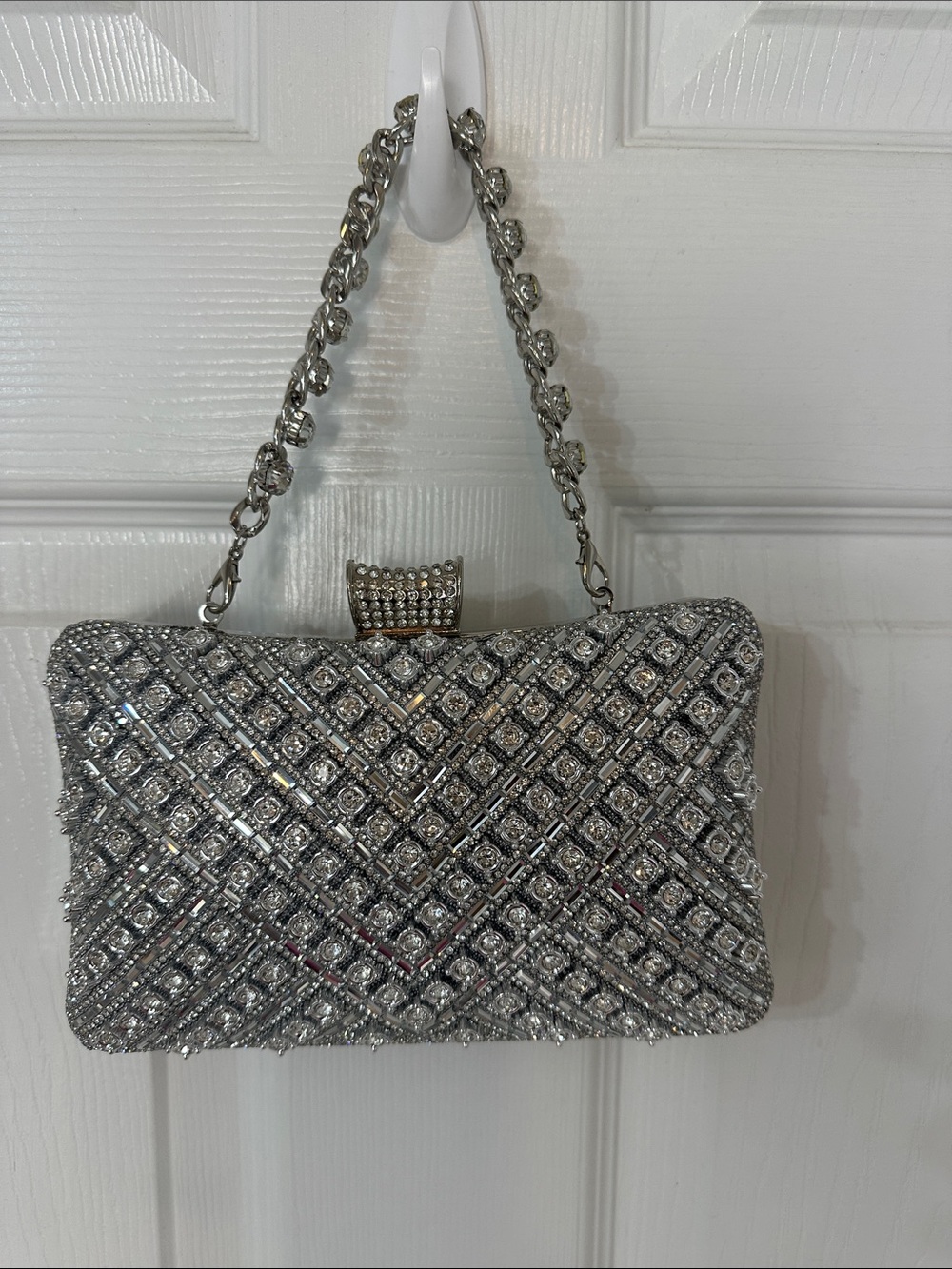 Silver Crystal Embellished Evening Clutch with Chain Strap